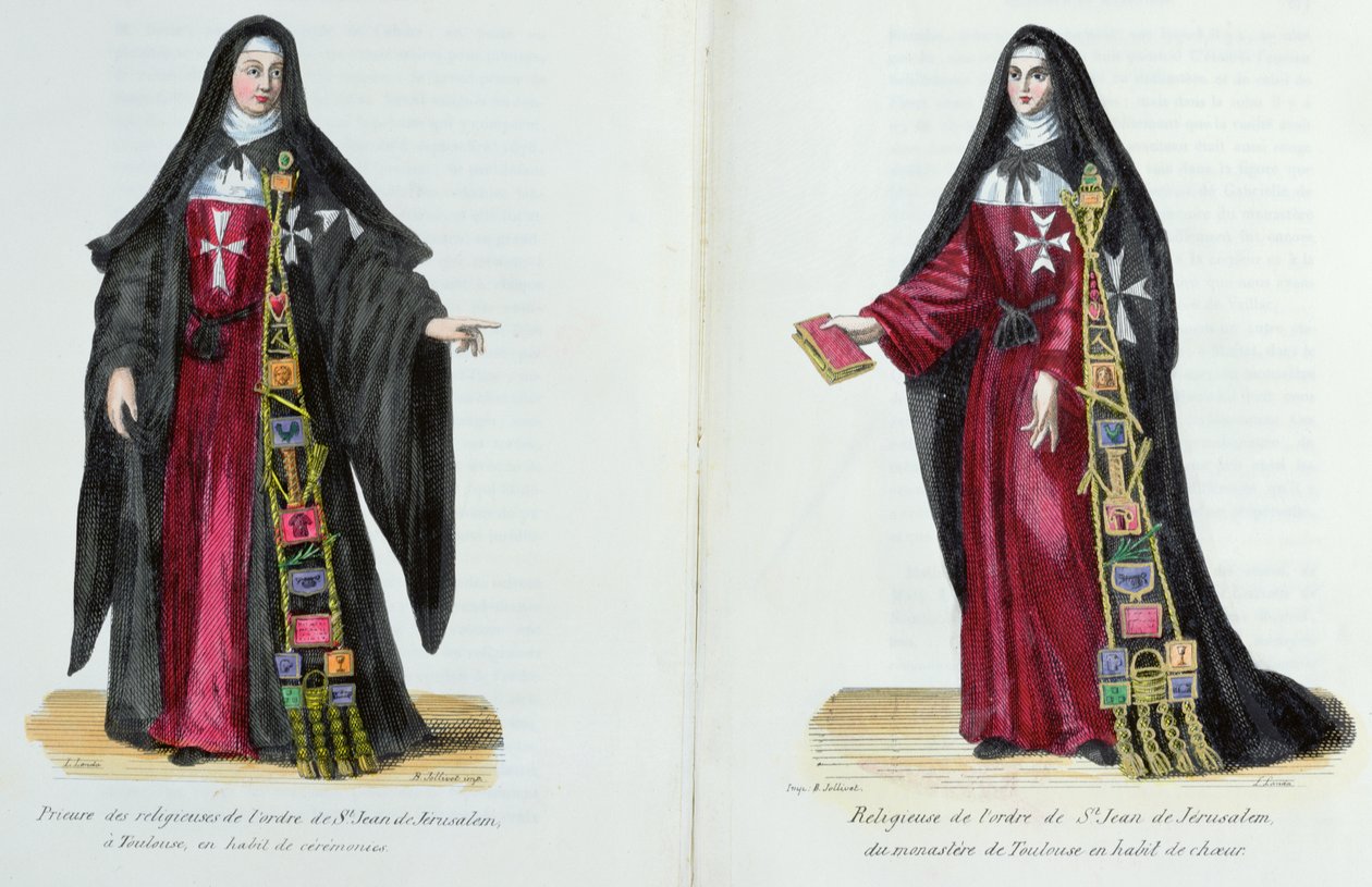 エルサレムの聖ヨハネ騎士団の修道女、1842年のヘリオット神父による修道会の注文の歴史と衣装からのイラスト 作： フランス語学校