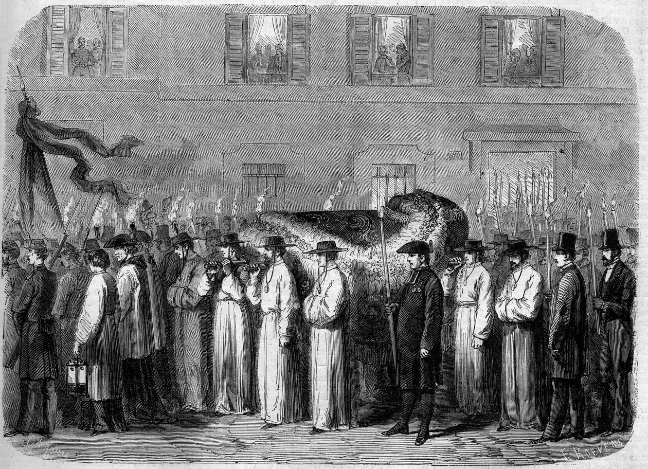 ジャン・バティスト（ジョヴァンニ・バッティスタ）・ニッコーリーニ（1782-1861）の遺体（1861年9月21日）：イタリア・フィレンツェの街中でイタリア人詩人の遺体を運ぶ葬儀の車列。10月5日付「Le Monde Illustré」234号に掲載された図版 作： フランス語学校