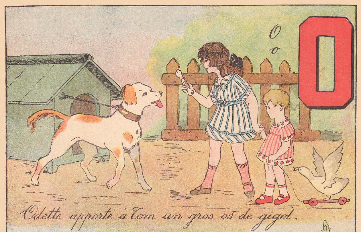 トムに大きな足の骨を渡すオデット、1920年頃（プリント） 作： フランス語学校