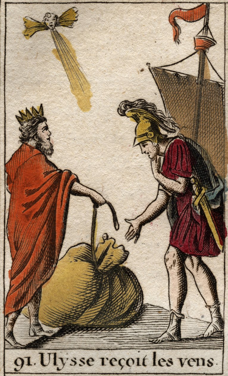 Odyssee von Homer: Aiolos, König der Insel der Zyklopen, schenkt Odysseus den Beutel mit den Winden, die ihm helfen sollen. Aus „Mythologie der Jugend“ von Pierre Blanchard 1803. von French School