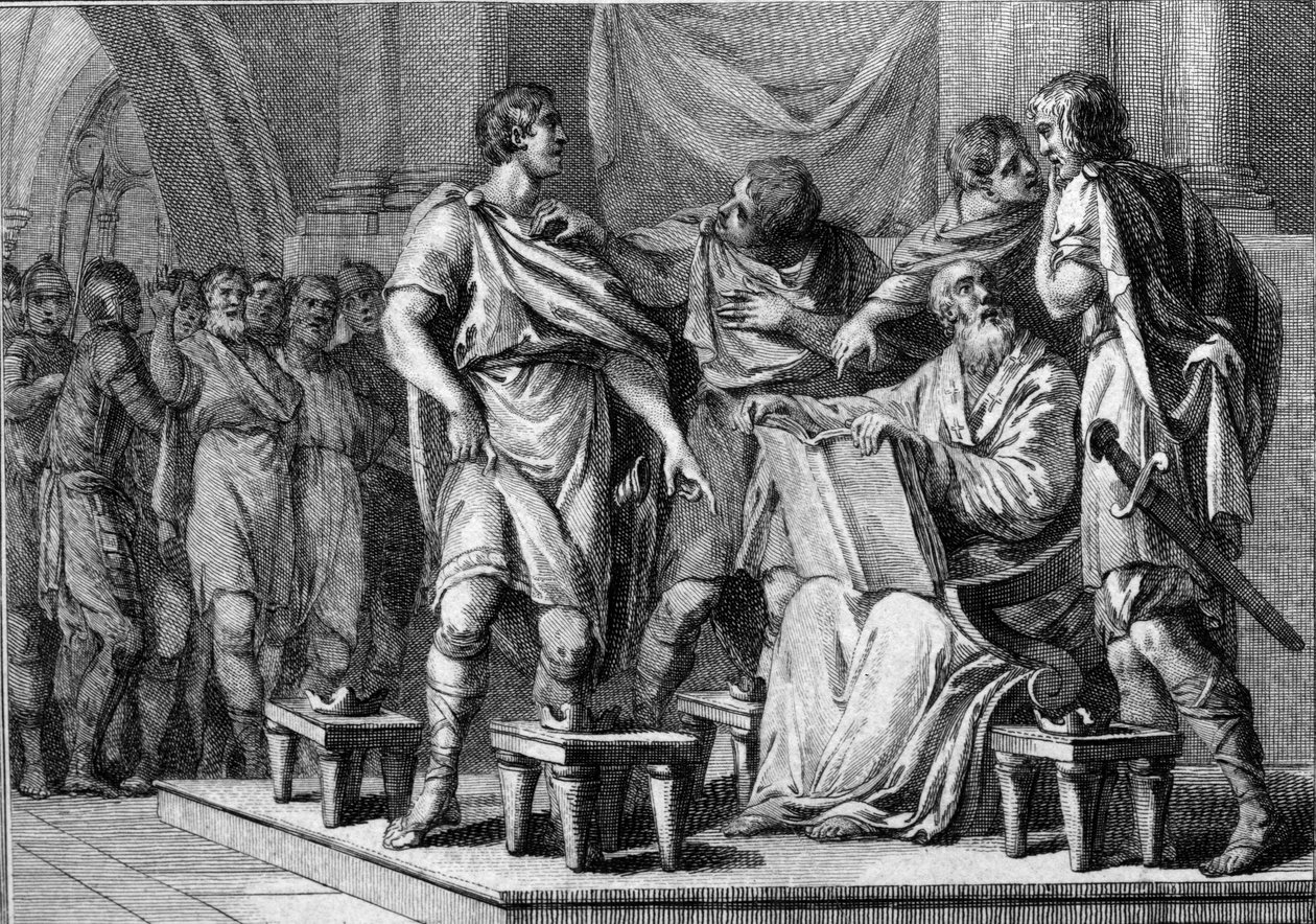 Nach dem Tod von Chlothar I., König der Franken, erhielten seine vier Söhne jeweils einen Teil des Königreichs. Ihre Namen sind Charibert I. (ca. 520-567), Gontran I. (ca. 545-592), Sigebert I. (535-575) und Chilperich I. (ca. 539-584). Gravur von French School