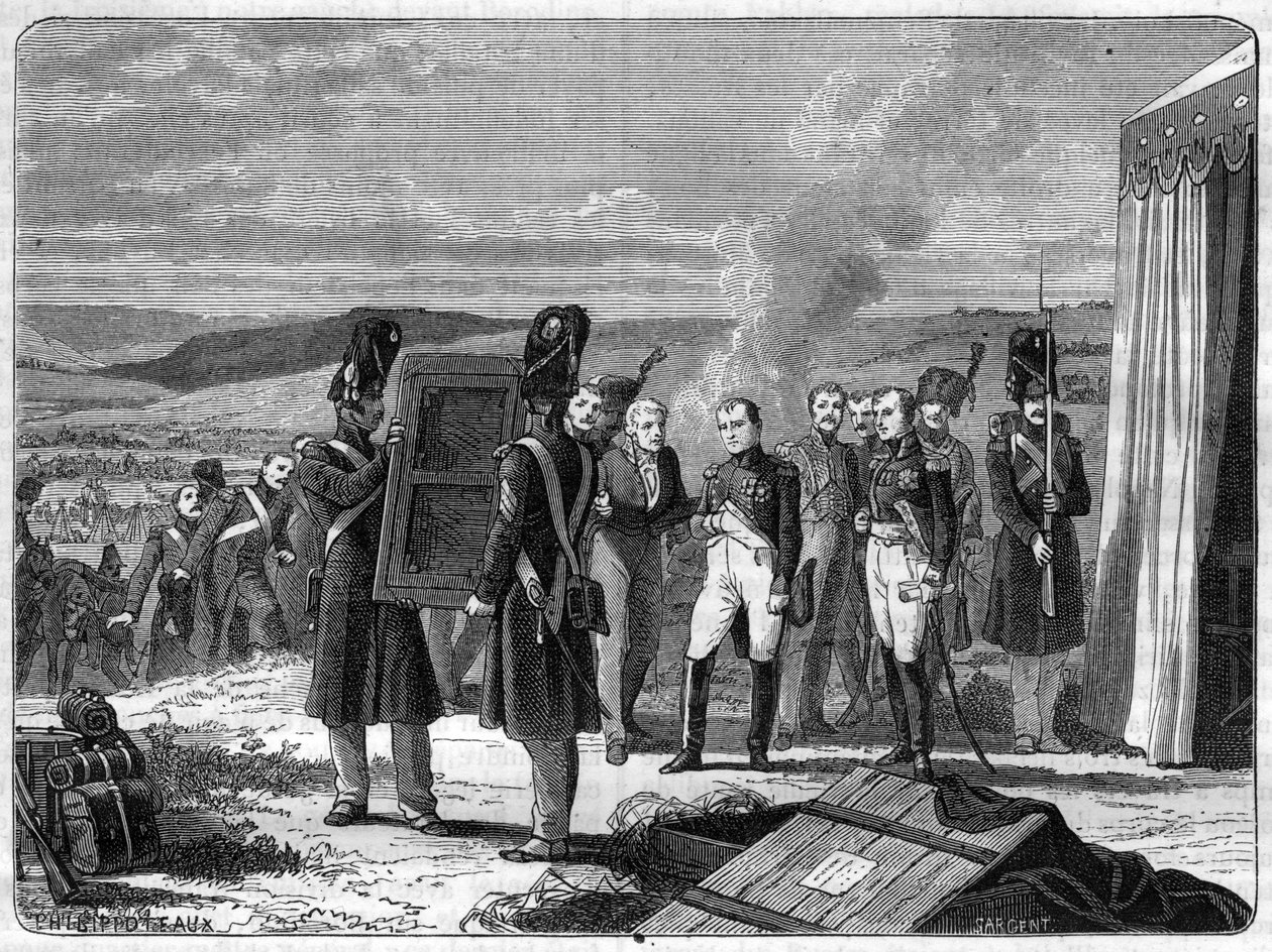 1812年9月7日、ボロディノの戦いの前夜に。ローマ王の肖像画の前のナポレオン - モスコバの戦い（ボロディノの戦い）の前夜、ナポレオン2世がナポレオン1世にもたらすローマ王の肖像画 作： フランス語学校