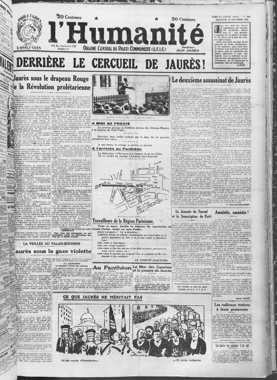 1924年11月23日、LHumaniteからのジャンジョレスのパリパンテオンへの移籍の組織（印刷された紙） 作： フランス語学校