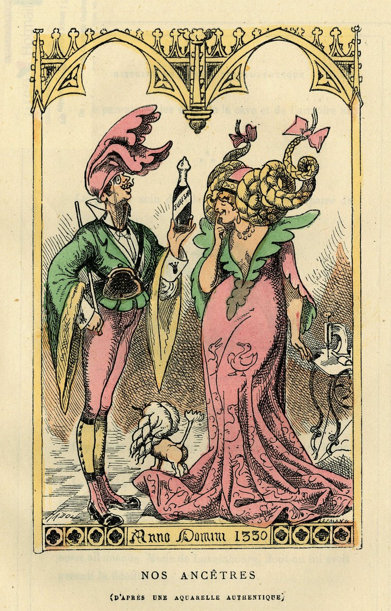 1330年の水彩画に戯画化された「私たちのアンセトル」。タッチャトゥー著『フランス・タンタマレスク史』（パリ）所収。 作： フランス語学校