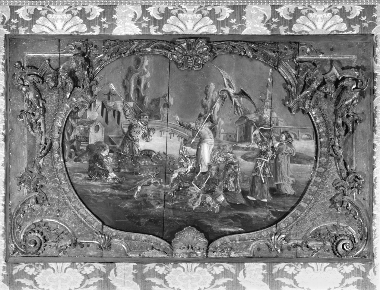 中国の主題を備えた屋外パネル、c.1730（ポリクロームと金色の木材） 作： フランス語学校