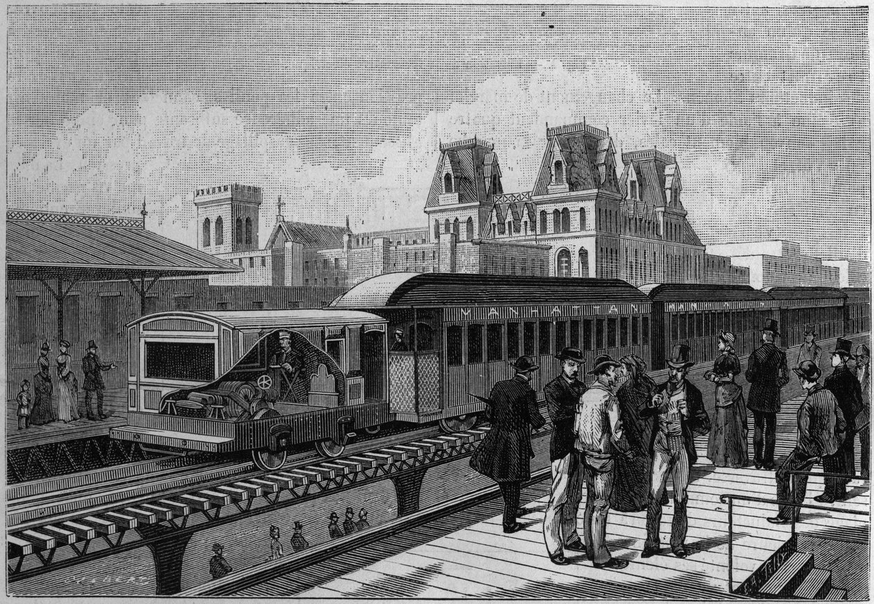アメリカ・ニューヨークの高架鉄道駅と電気鉄道の概観。La Nature」に掲載された版画。Revue des sciences et de ses applications aux arts et a l