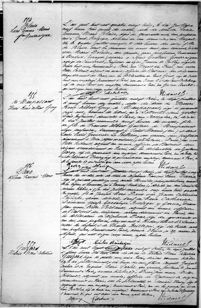 Guy de Maupassant（1850-93）の死亡証明書のあるページ（1893年7月7日（紙にペンとインク））（詳細は199748を参照） 作： フランス語学校