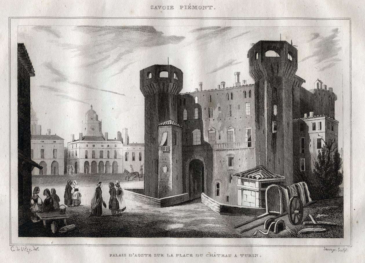 トリノのシャトー広場にあるアオスタの宮殿 - M. de Norvins, Ch. Nodier 1834-1836による「Italy Picturesque」-イタリアの歴史的・記述的絵画-からのエングレーヴィング。 作： フランス語学校