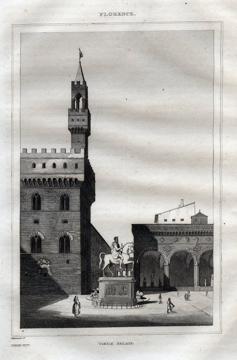フィレンツェのヴェッキオ宮殿 - シニョリーア広場 - M. de Norvins, Ch. Nodier 1834-1836による "Picturesque Italy" - History and Descriptive Painting of Italyからのエングレーヴィング。 作： フランス語学校