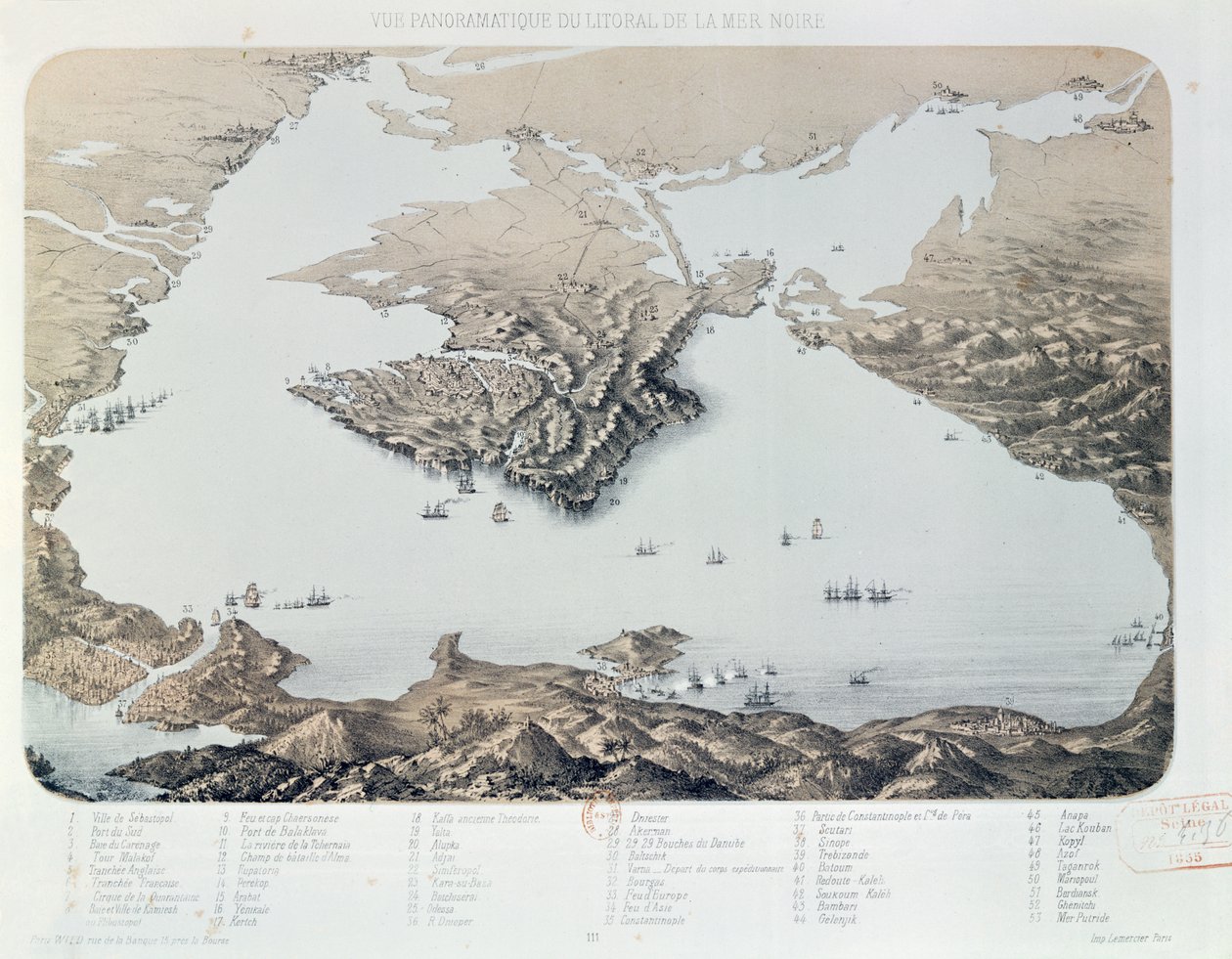1855年のクリミア戦争時のセバストポールと黒海沿岸の全景と計画 作： フランス語学校