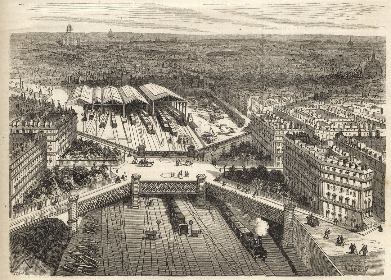 パリ-サン・ラザール駅 ヨーロッパ広場 フランス-1866年の「Le monde illustrious」に掲載された版画 作： フランス語学校
