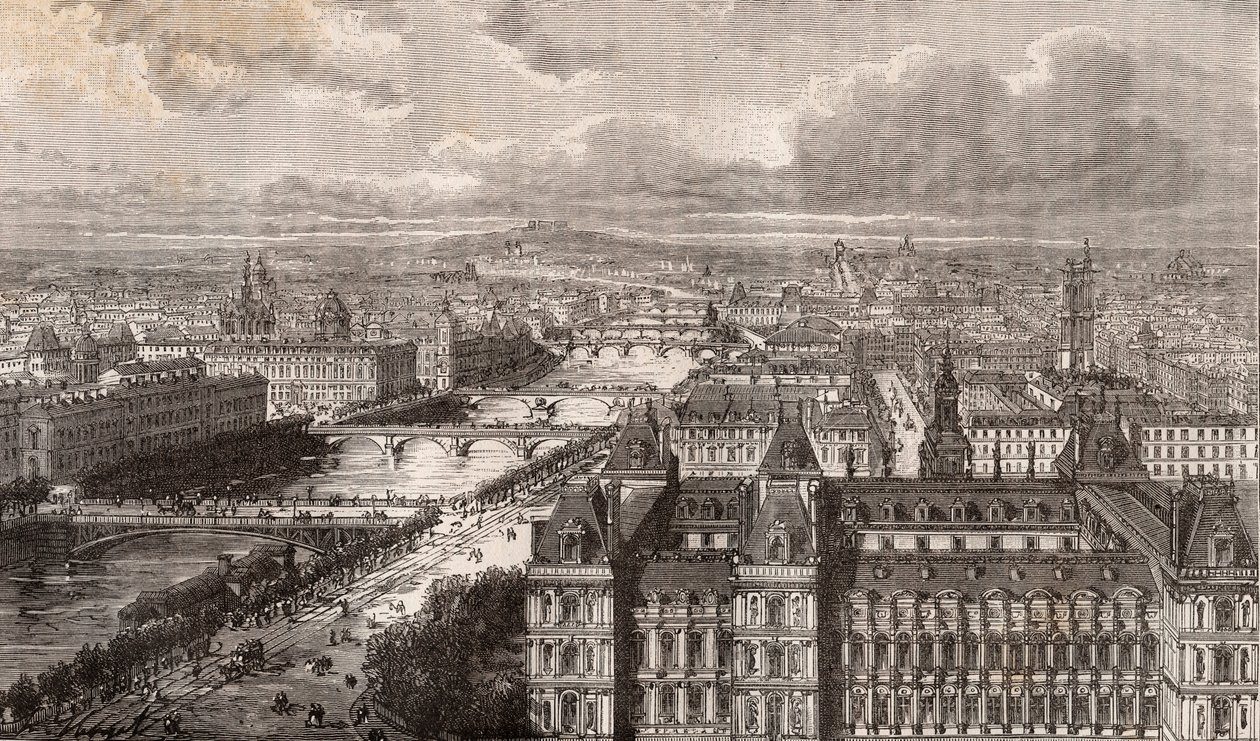 パリ、セーヌ川、レ・ポン - サン・ジェルヴェ塔からの眺め - V.-A. Malt-Brown著「La France illustree: Geography, history, statistical administration」に掲載されている彫刻 - 1884年 作： フランス語学校