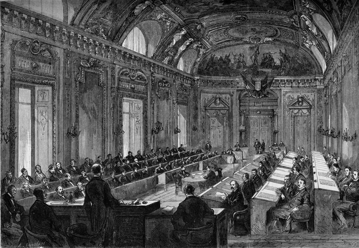 パリ、1871年8月4日：リュクサンブール宮殿の玉座の間で行われた市議会の第一回会合。1871年8月12日付「Le Monde Illustré」748号に掲載された図版。 作： フランス語学校