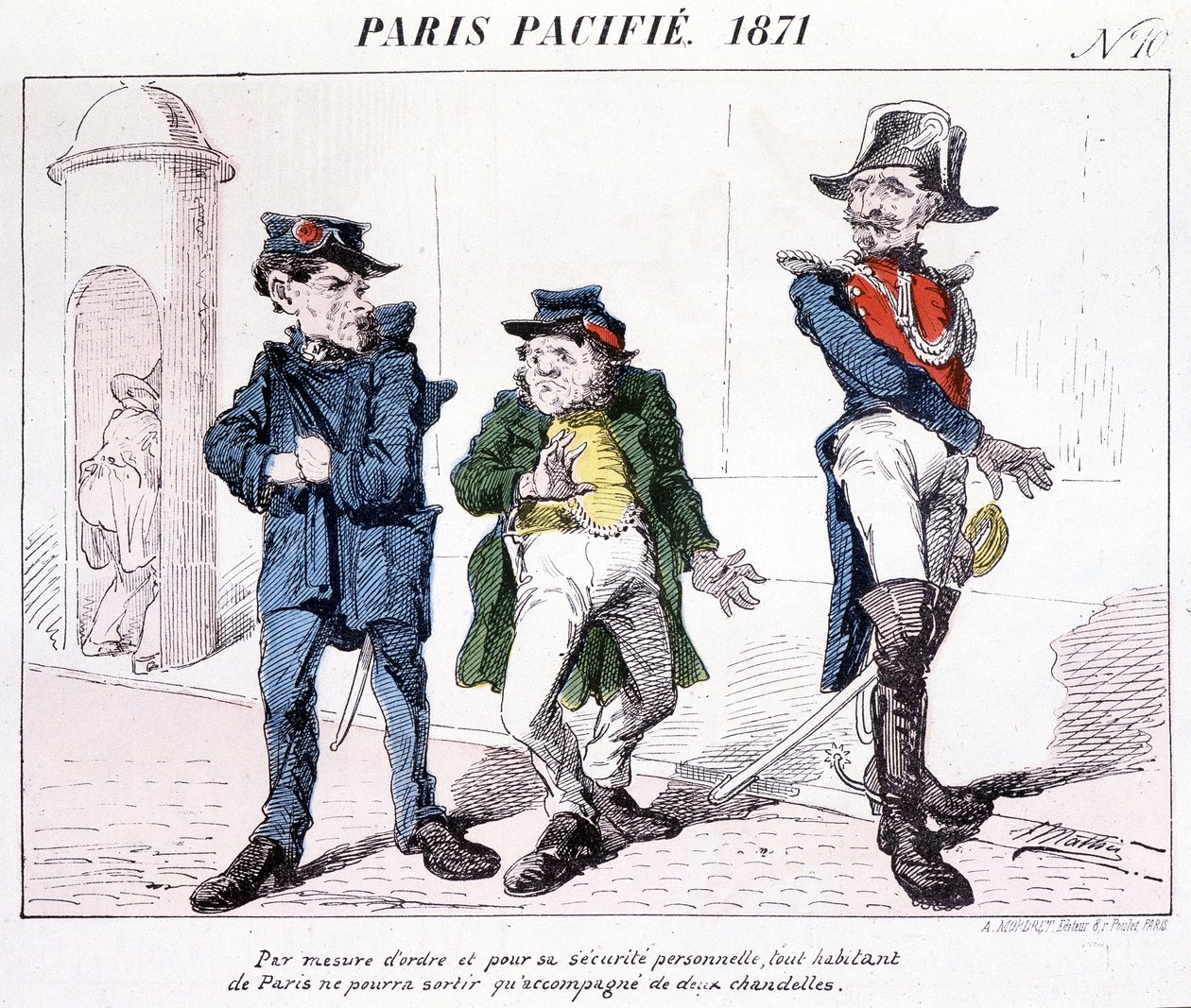 Paris Pacified 1871 - 秩序と個人の安全のために、パリの住民は全員、2本のろうそくを持ってしか外出できない。コミューンについての漫画。 作： フランス語学校