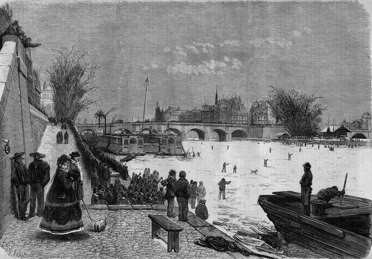 【油彩画】冬のパリ・セーヌ川風景（サイン入り／ヨーロッパ調アンティーク風） 1868年冬のパリ、セーヌ川が凍る。ポン・ヌフでの川の眺め。1868年1月