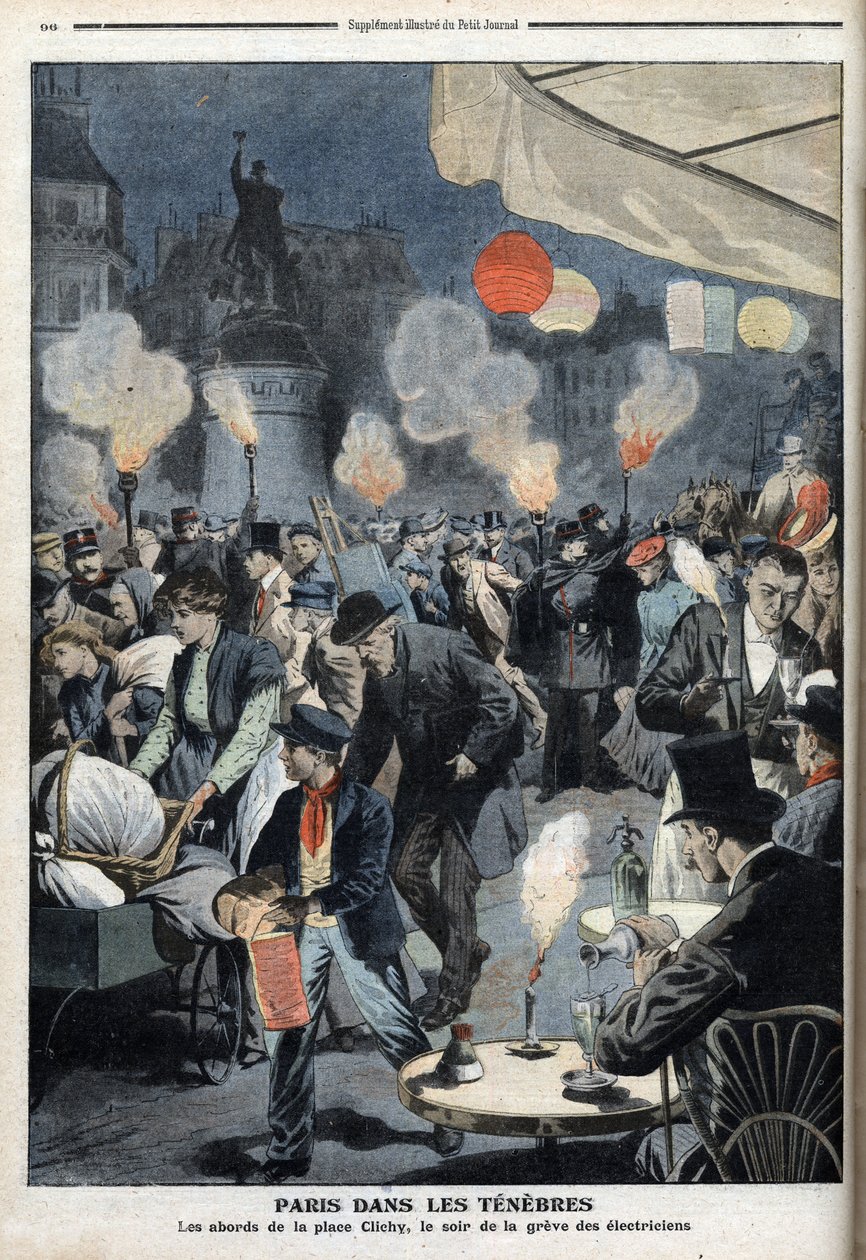 暗闇のパリ-電気技師のストライキの夜、クリシー広場の周辺-「Le petit Journal」1907年3月号（エングレービング 作： フランス語学校
