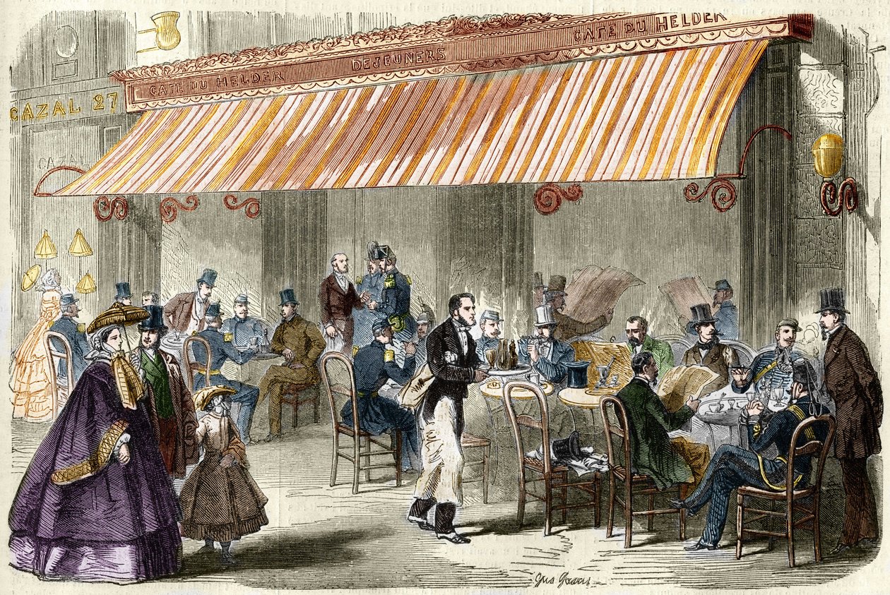 19世紀のパリ。1859年のイタリア人通り：夕方5時、カフェ「ヘルダー」の前で。 作： フランス語学校