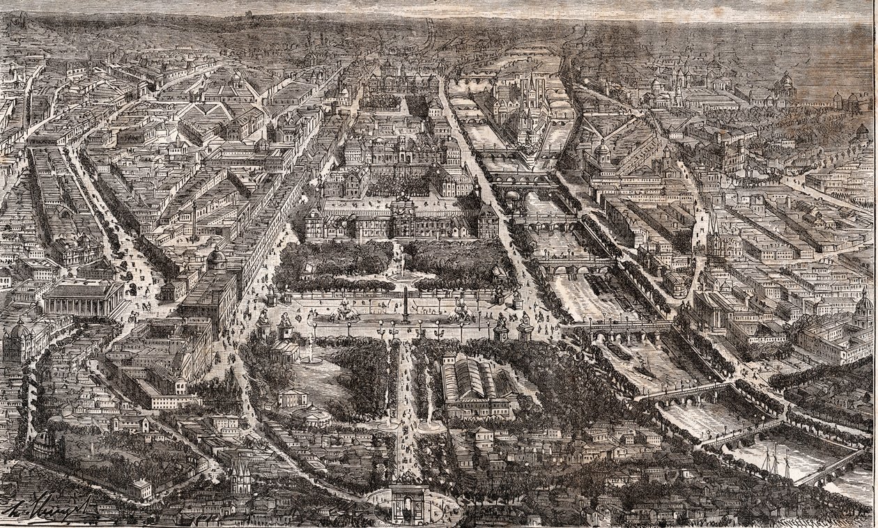 エトワール凱旋門から見たパリ、リヴォリ通りとセーヌ川 - V.A.マルト・ブラウン著「La France illustree: Geography, History, statistical administration」に掲載された版画。 作： フランス語学校
