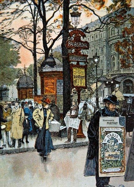 メトロのパレ・ロワイヤル駅付近のパリの街並み、1900年頃（カラーリトグラフ） 作： フランス語学校