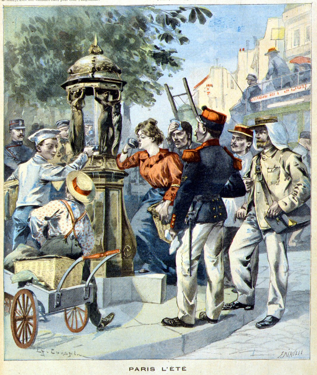 ウォレスの泉を囲んで水を飲むパリジャンたち-1900年8月19日付「Le Petit Journal」紙（彫刻）にて 作： フランス語学校