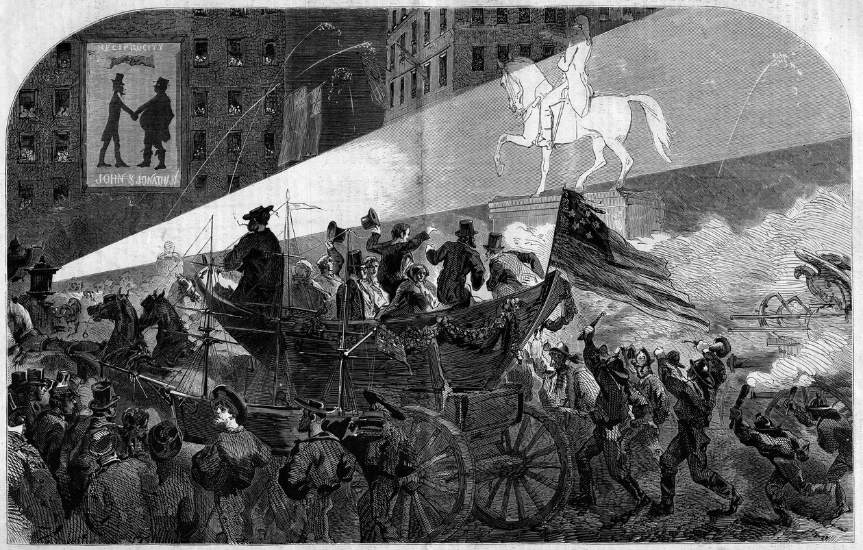 1858年にアメリカ（米国）とイギリスの間に大西洋横断電信ケーブルが敷設されたことを祝して、ニューヨーク（New York）の街中で行われたパーティー。1858年10月16日付「Le Monde Illustré」n°79に掲載されたエングレーヴィング。 作： フランス語学校