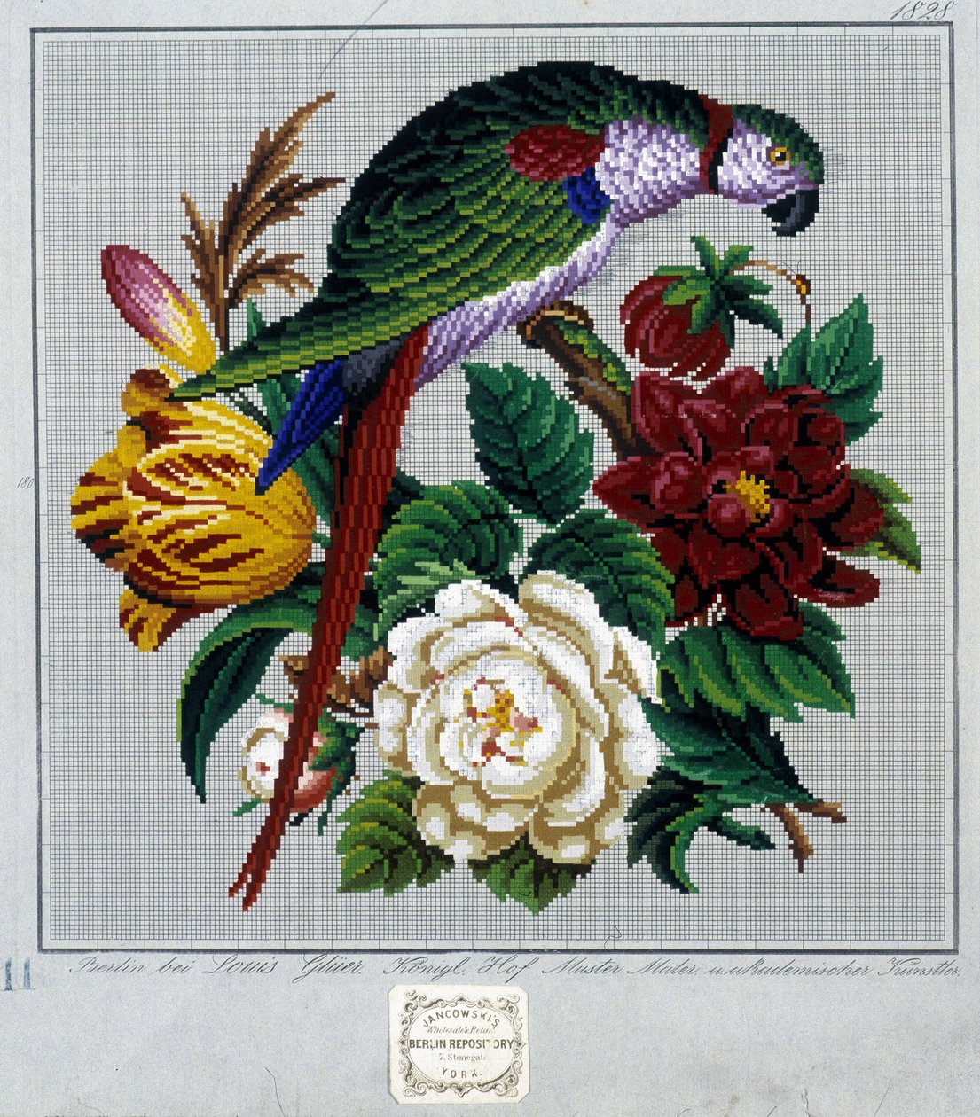 クロスステッチ刺繍のパターン（オウム） - "Journal des Demoiselles" 1852年に掲載。 作： フランス語学校