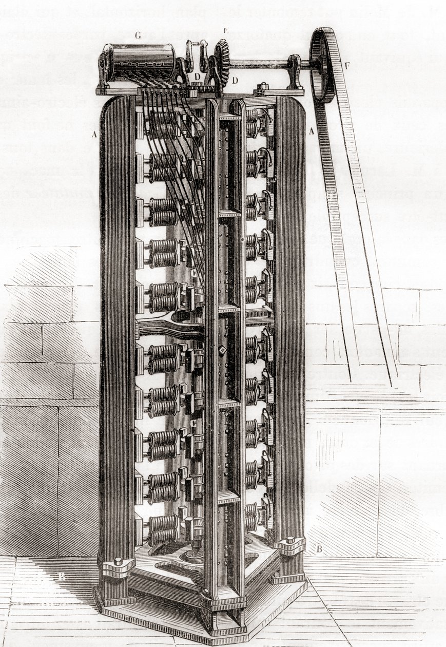 ポール・ギュスターヴ・フロマンの縦型電気モーター（1844年頃）、1870年頃に出版された「Les Merveilles de la Science」より（彫刻作品 作： フランス語学校