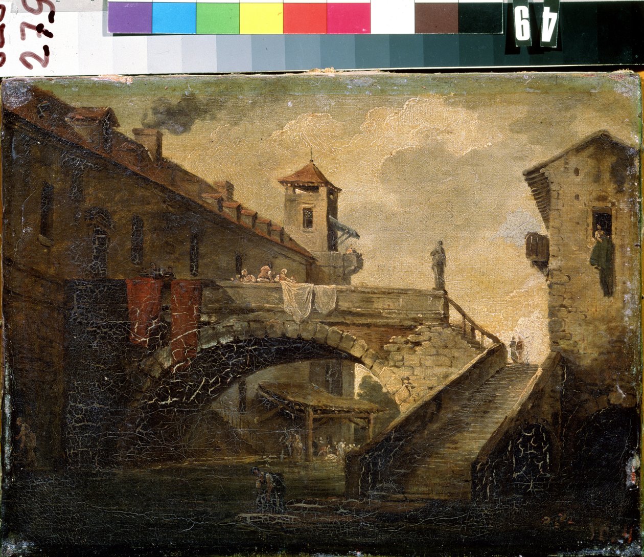 「フランスの村の風景」人気地区の橋と川。 フランスの学校の絵画. 18世紀初頭ミハイル・クロシツキー美術館、セヴァストポリ（セヴァストポリ）ウクライナ 作： フランス語学校