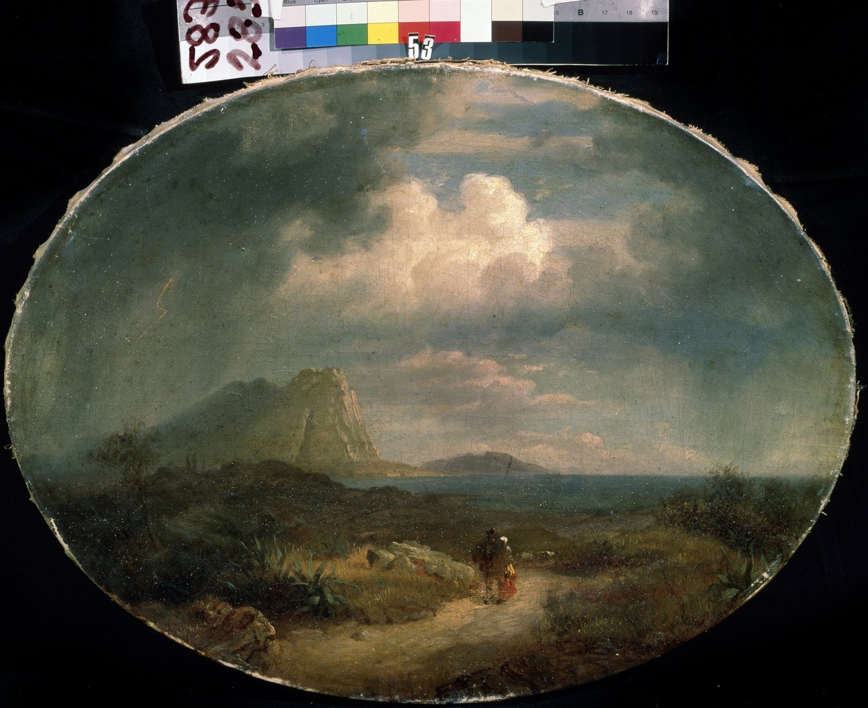 「イタリアの風景」荒天時の海辺の風景、道を歩くカップル。 19世紀初頭のフランス派の絵画。 Mikhail Kroshitsky Art Museum、セヴァストポリ (セヴァストポリ) ウクライナ 作： フランス語学校