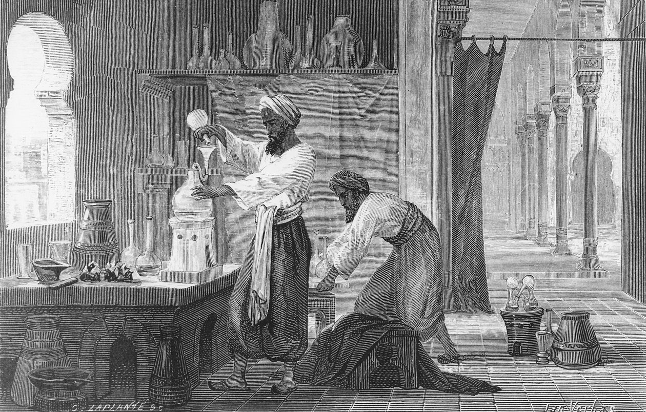 ペルシャの錬金術師ラーゼスの研究室で（彫刻 作： フランス語学校