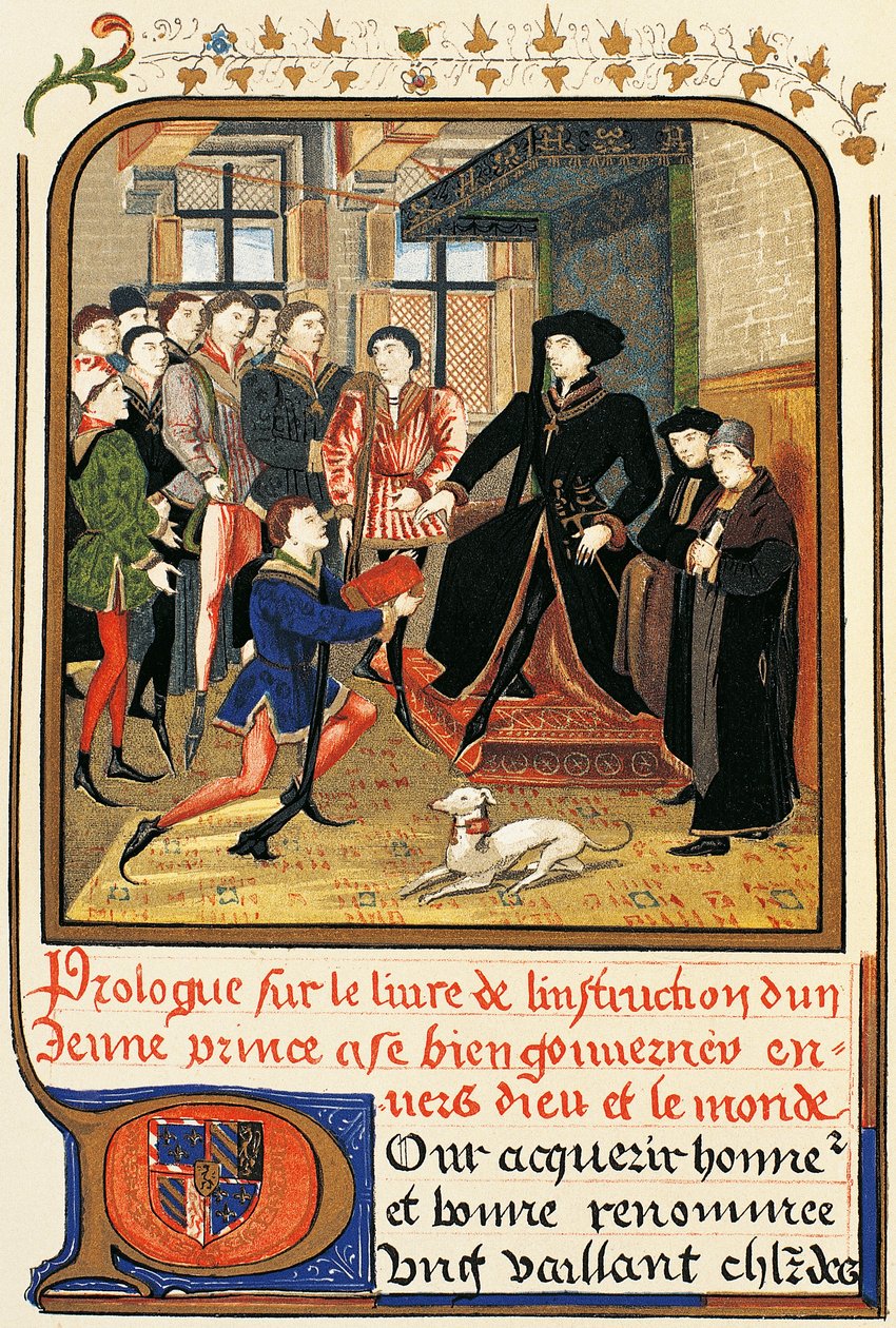 天蓋の下のフィリップ・グッド（1396-1467）、エッチング、「Instruction jeune prince」より、「Dictionary of Furniture and Decoration, Henry Havard, Volume II」に収録。 作： フランス語学校