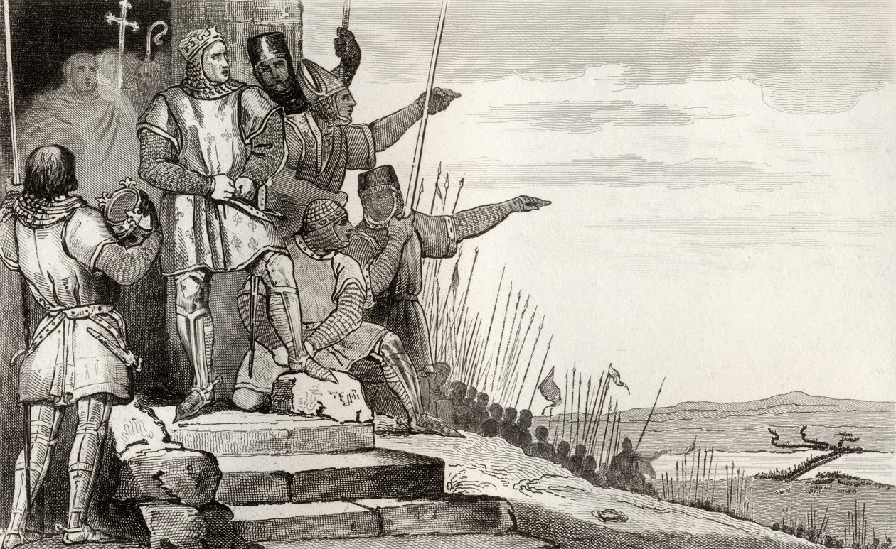 フィリップIIオーギュスト（1165-1223）は、1840年頃に出版されたコラートの「フランスの歴史」からの祈りの後、ブーヴィーヌの戦いで勝利しました。 作： フランス語学校