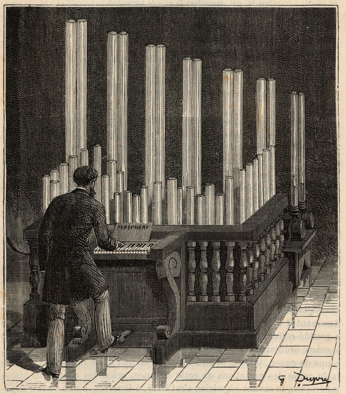 Piano a Gaz - (ガスオルガン) Pyrophone (fire-explosion organ) (fire-explosion calliope) Alexis Clercによる「すべての人の門前にもたらされた科学 - Popular physics and chemistry」のエングレーヴィング - 19世紀末 - 個人蔵 作： フランス語学校