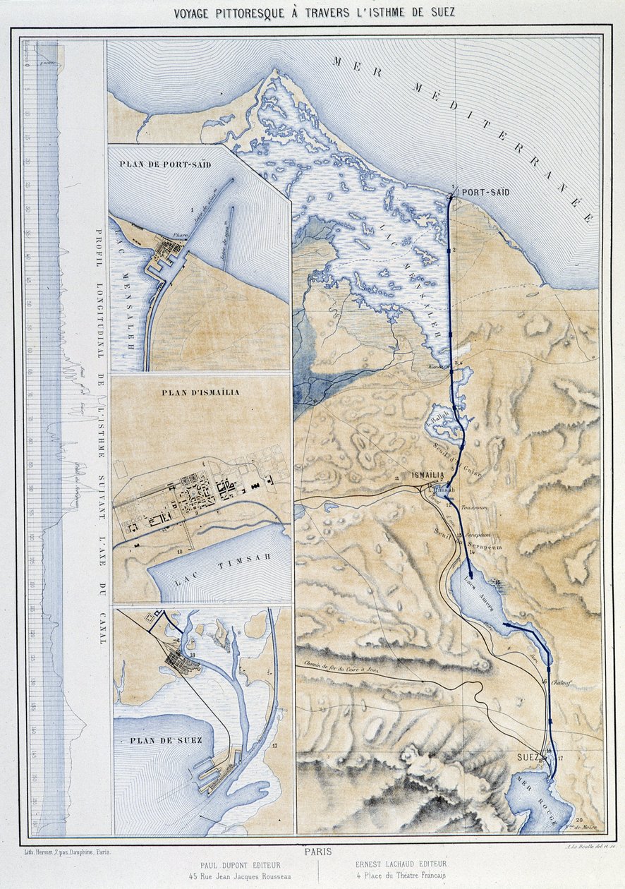 G.ニコルによるスエズ運河の開通」におけるスエズ地峡の絵の旅（スエズの平面図）。1869 作： フランス語学校