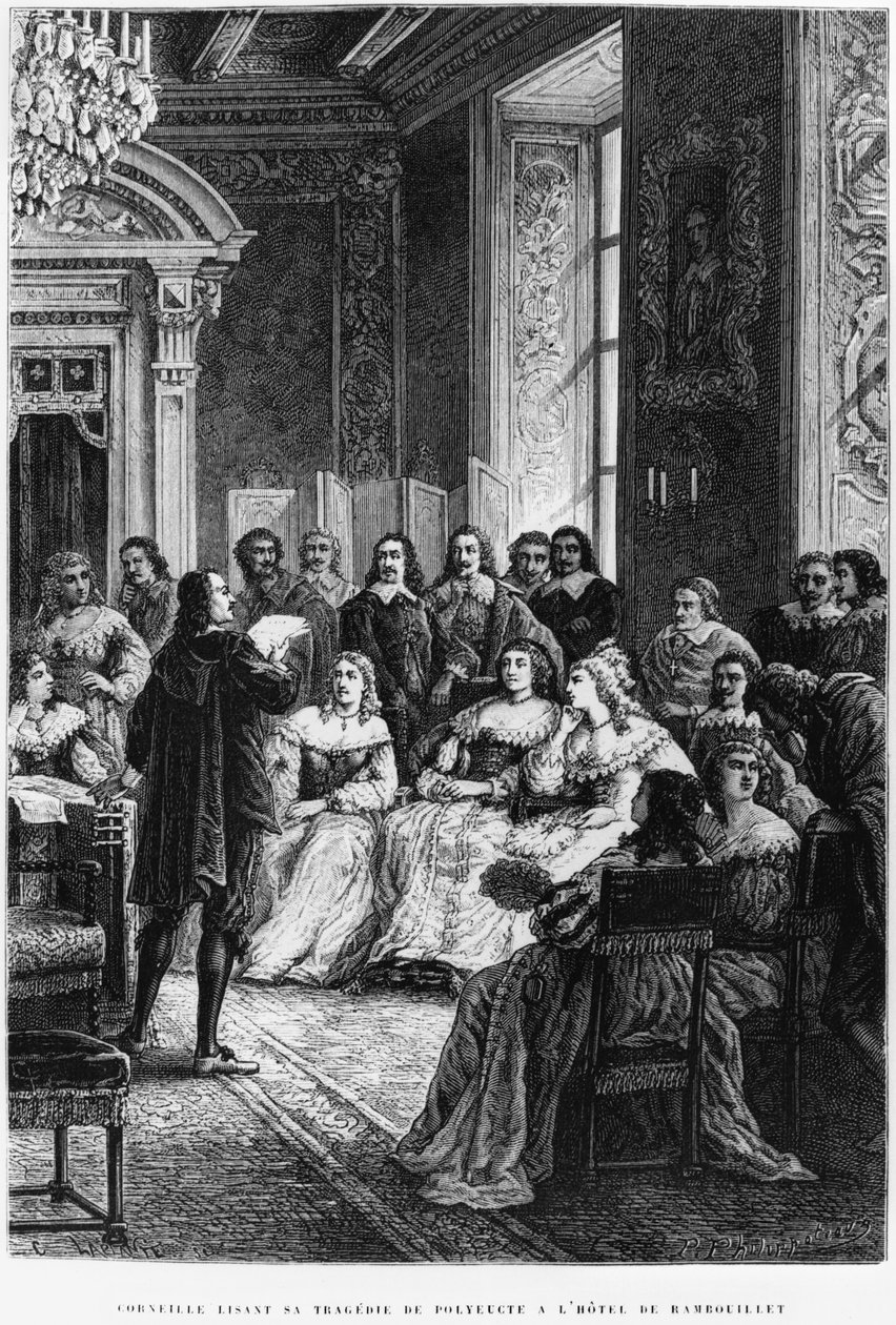 ホテルドゥランブイエでポリユークを読むピエールコルネイユ（1606-84）、1880年頃 作： フランス語学校