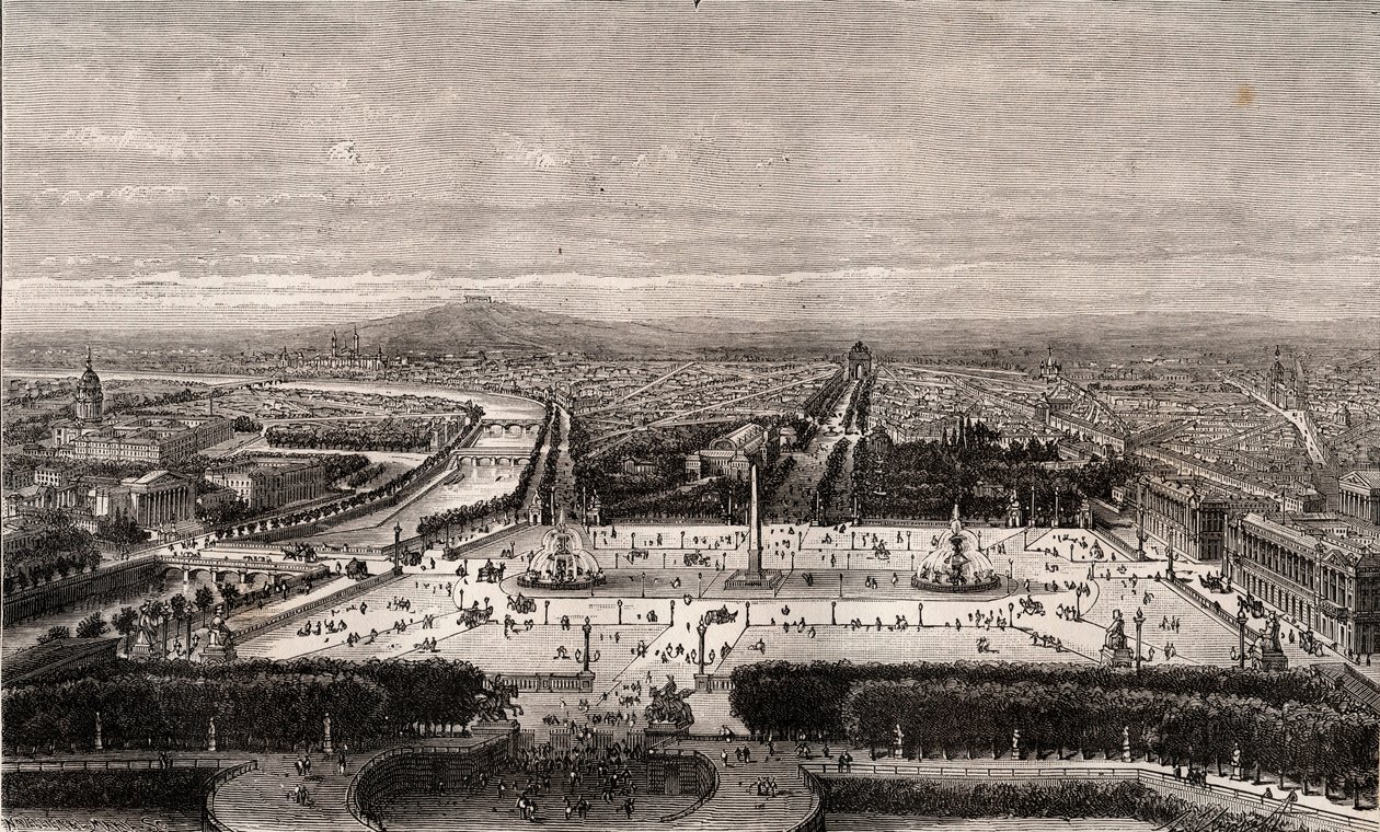 パリのコンコルド広場 - V.A.マルト・ブラウンの「La France illustree: Geography, History, statistical administration」に掲載された彫刻。1884 作： フランス語学校
