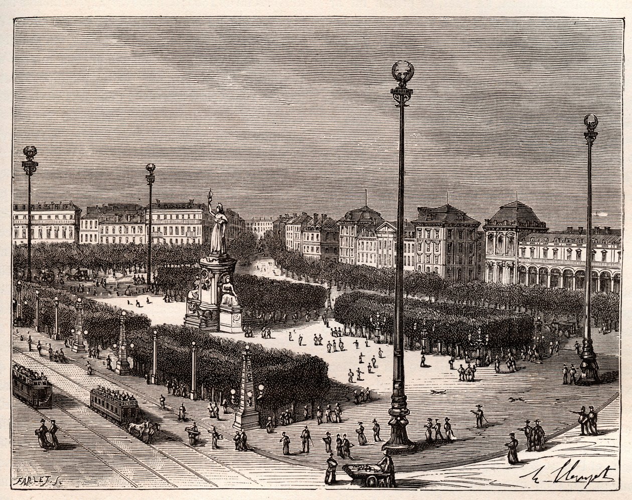 パリのレピュブリック広場 - V.A.マルト・ブラウンの「La France illustree: Geography, History, Administration Statistique」に掲載された彫刻。1884 作： フランス語学校