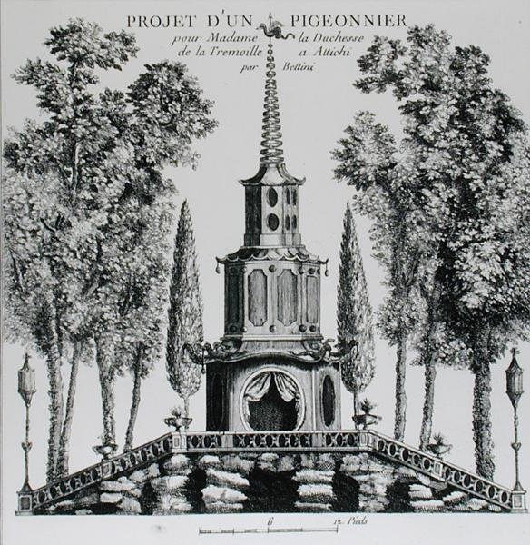 ジョージ・ルイ・ルルージュ著「新時代の庭の詳細」より、鳩小屋の設計図（1775-78年頃に出版されたエングレービング）（モノクロ写真） 作： フランス語学校