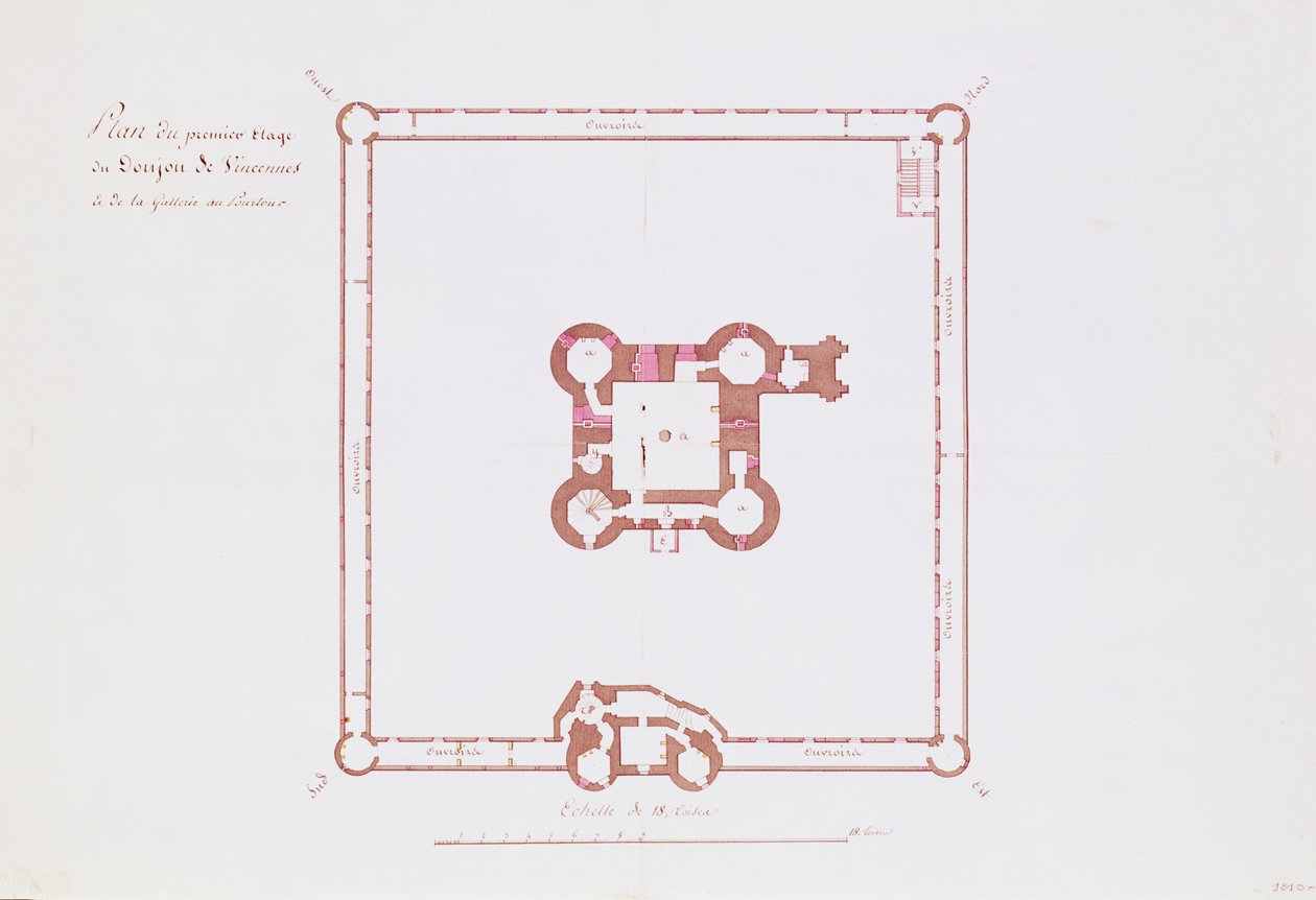 1810年のヴァンセンヌのドンジョン1階の計画（紙にペンとインク） 作： フランス語学校