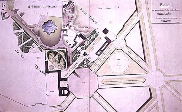 1808年7月、ヴェルサイユ宮殿の「2つのトリアノンの庭園を再会させるための計画」からのプラン（紙にペンとインク、水彩画） 作： フランス語学校