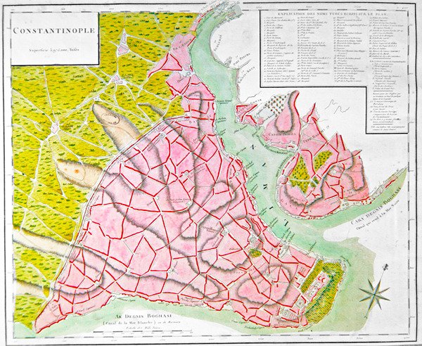 コンスタンティノープルの平面図（手彩色の彫刻） 作： フランス語学校