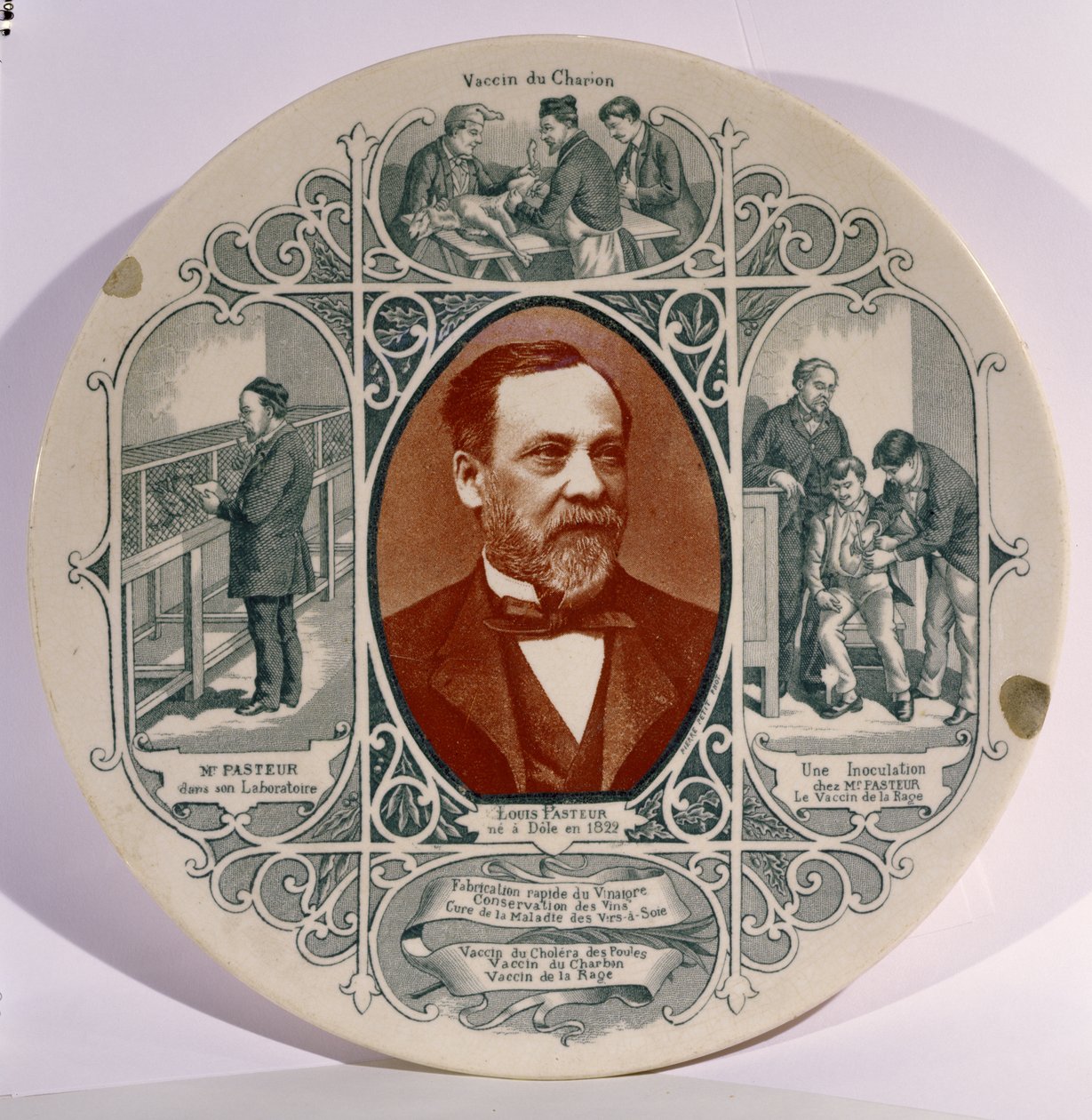 ピエールプチ（1832-1909）によるルイパスツール（1822-95）の写真と彼の人生のシーン（セラミック）を収めたプレート 作： フランス語学校
