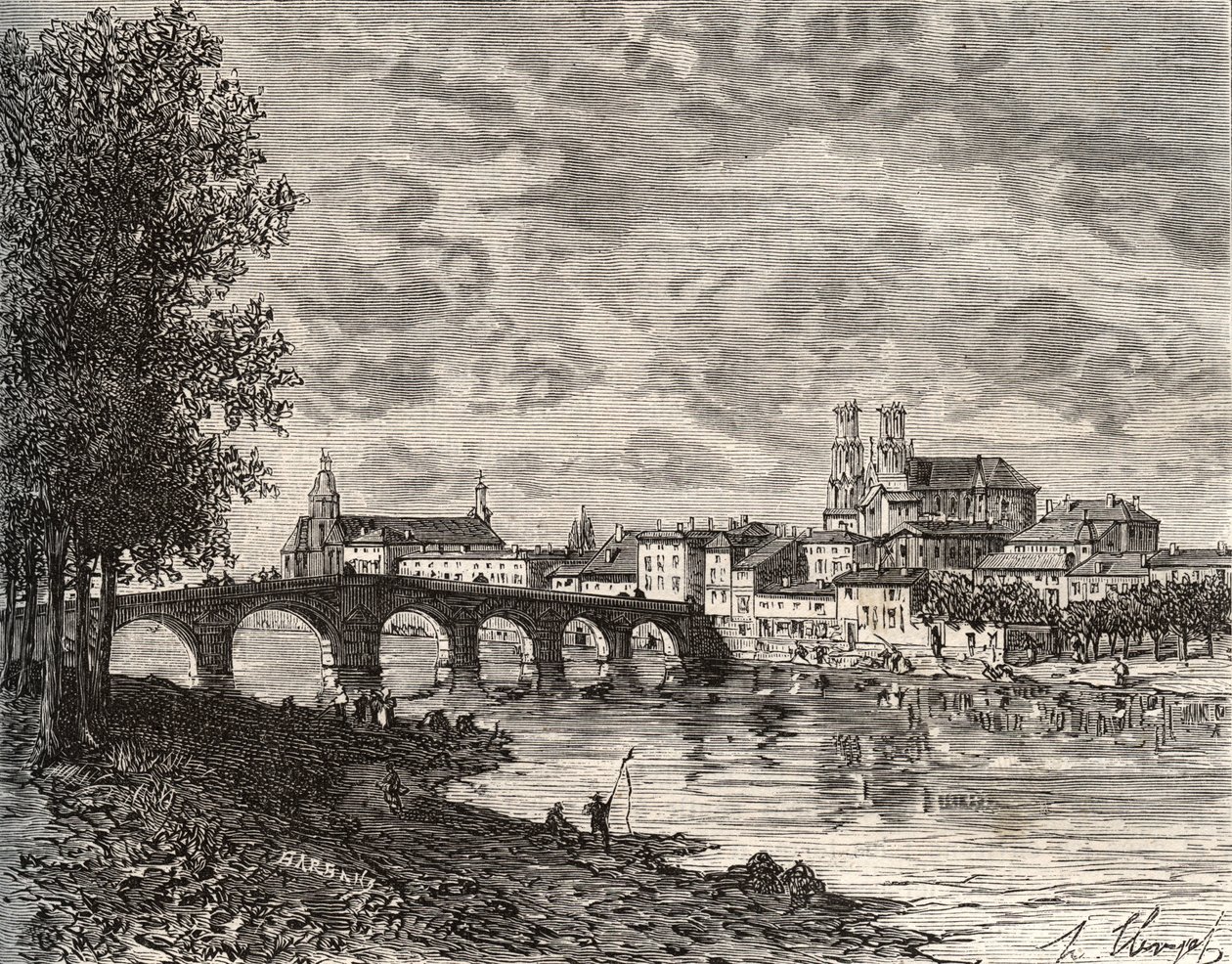 ポン・ア・ムソン（Pont a Mousson） - ムルト・エ・モーゼル（Meurthe-et-Moselle） - V.-A. Malt-Brown著「La France illustree: geographie, histoire, administration statistique」（1884年）に掲載された彫刻。 作： フランス語学校