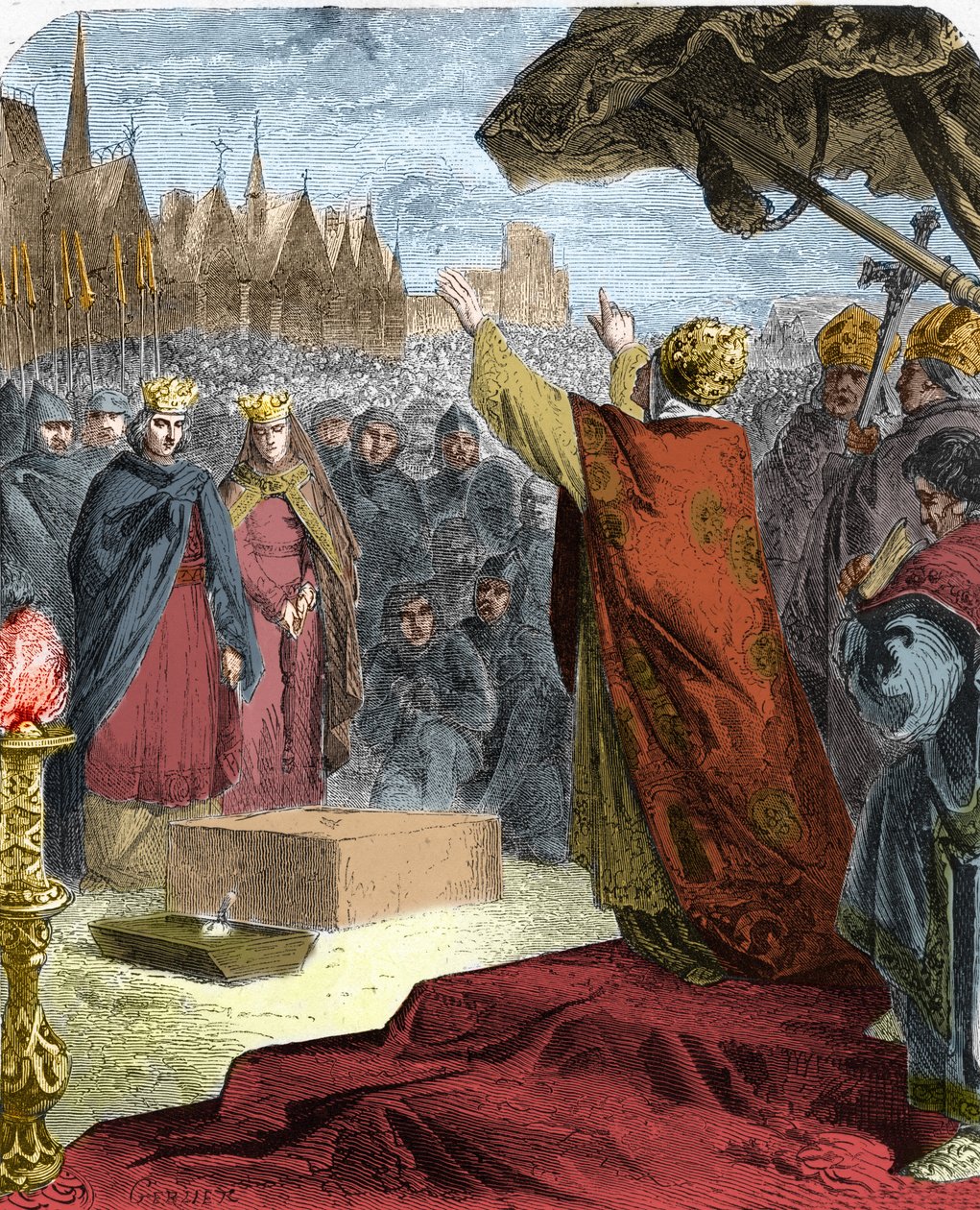 1163年、教皇アレクサンダー3世（オルランド・バンディネリ）（アレッサンドロ3世）は、フランス国王ルイ7世と前夜祭のモーリス・ド・サリーの立会いのもと、パリのノートルダム大聖堂（ノートルダム寺院）の最初の石を打ちました。 作： フランス語学校