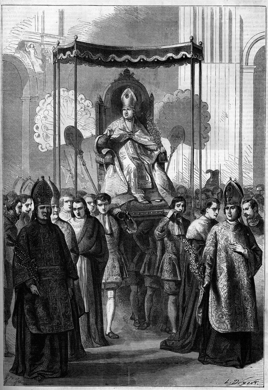 1861年のパームサンデーに、ローマ（イタリア）のサン・ピエトロ教会に行列を作って運ぶ教皇ピウス9世（1792-1878）。1861年4月13日付「Le Monde Illustré」209号に掲載された図版。 作： フランス語学校