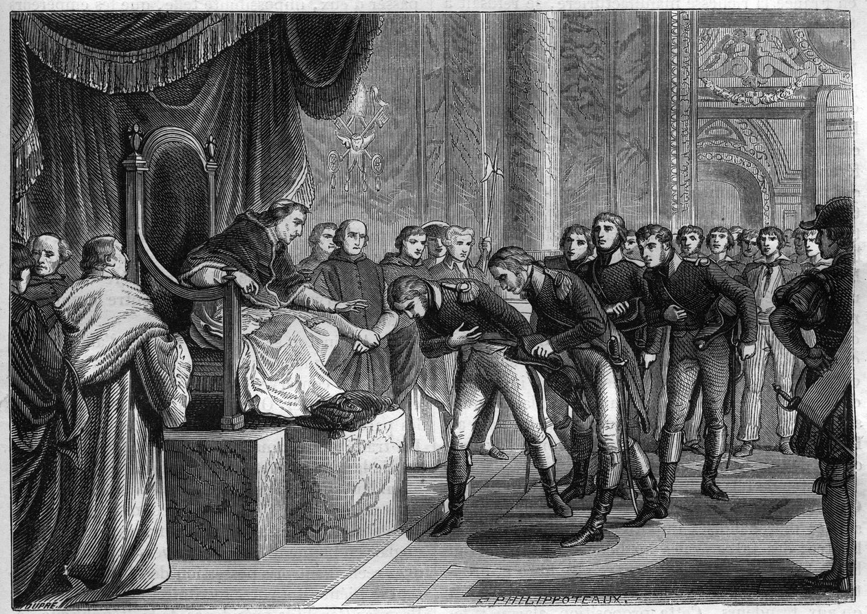 教皇ピウス7世（1742-1823）は、1802年8月、ボナパルトから教皇への贈り物として提供された2つの船「サン・ピエトロ」と「サン・パウロ」の乗組員であるフランス人船員をローマで迎え入れた - 1865年、Loによる「Histoire du Consulate et de l