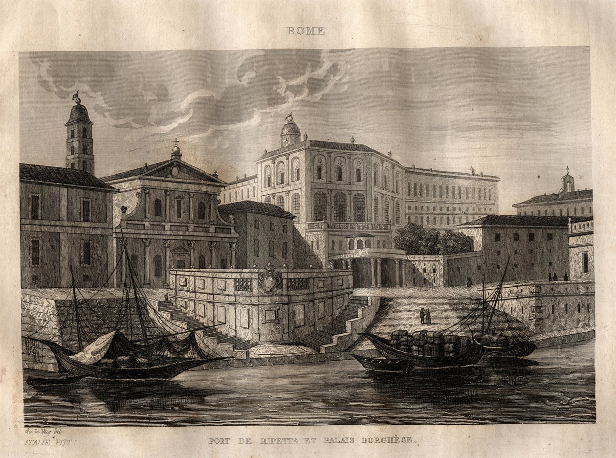 ポルト・ディ・リペッタとボルゲーゼ宮殿 - ローマ - M. de Norvins, Ch. Nodier 1834-1836による "Picturesque Italy" - History and Descriptive Painting of Italyからのエングレーヴィング。 作： フランス語学校