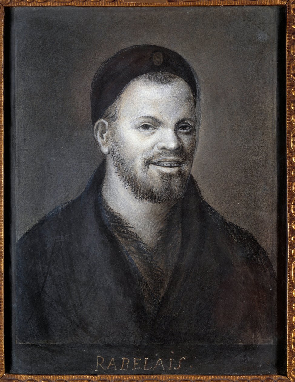 フランソワ・ラブレー（1494-1553）（フランスの作家、医師）を想定した肖像画。フランス派のドローイング、22,5 x 17 cm 作： フランス語学校