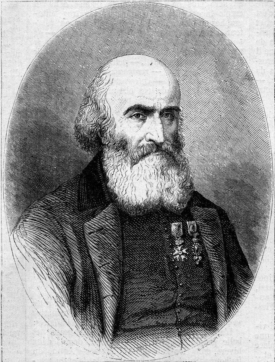 カルタゴ（チュニジア）のサン・ルイ礼拝堂のシャモニエ、アベ・フランソワ・ブルガド（1806-1866）の肖像。1862年2月1日付の "Le Monde Illustré "251号に掲載されたエングレーヴィング。 作： フランス語学校