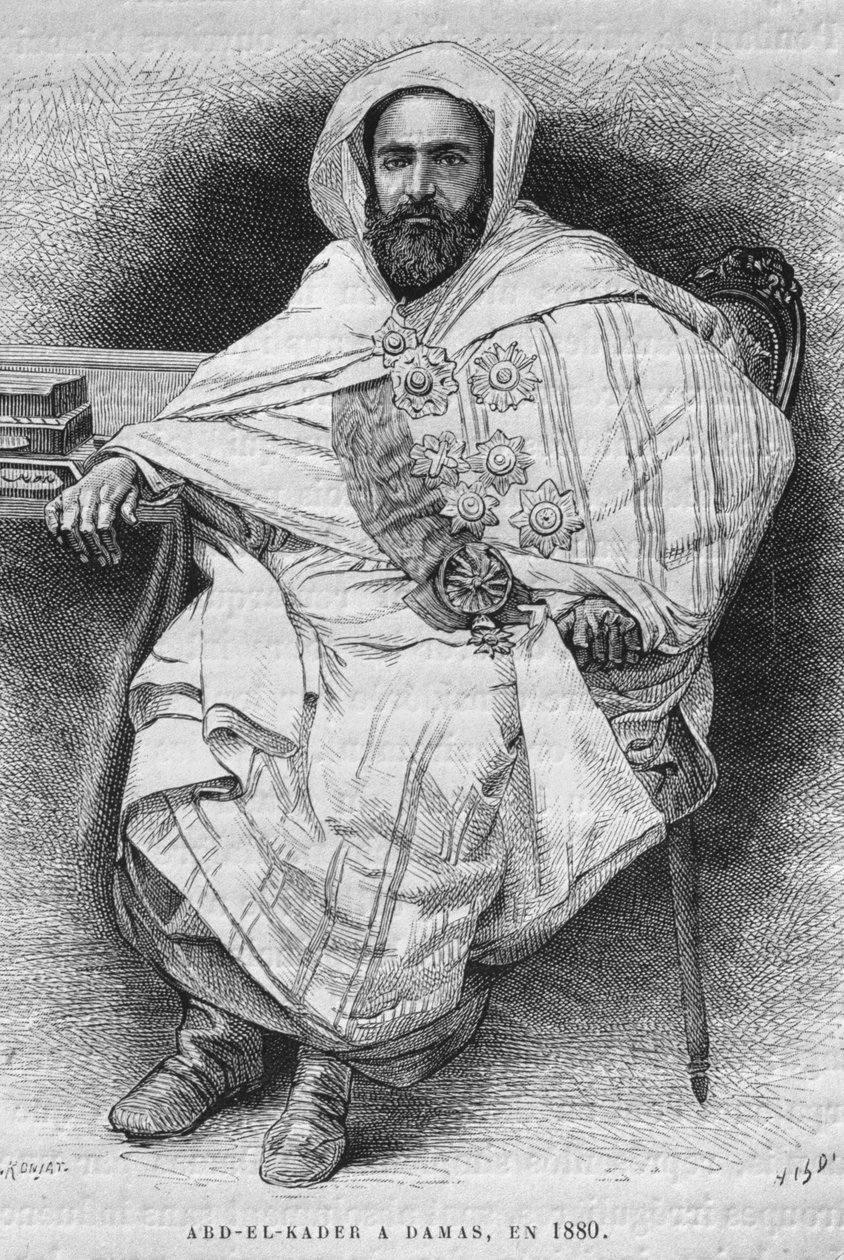 今日のシリアの1880年（1808-83）のダマスカスにあるアブドエルカデルの肖像。フェニシア、レバノン、ジューディーへの旅。 1884年、ルイシャルルエミールロルテの1875-1880（bw彫刻） 作： フランス語学校